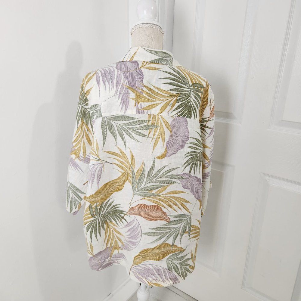 Tahari Linen Top Womens 1X Cream Floral Leaves Tropical Button Side Resort - Picture 7 of 16